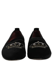 Dolce & Gabbana Black Crown Embellished Men Loafers Shoes