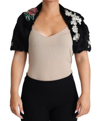 Dolce & Gabbana Black Rabbit Fur Crystals Sequin Coat