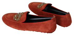 Dolce & Gabbana Orange Leather Crystal Crown  Loafers Shoes