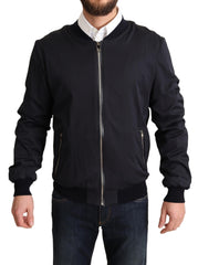 Dolce & Gabbana Blue Silk Coat Short Bomber Men Jacket