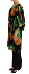 Dolce & Gabbana Black Ananas Print Wrap Stretch Silk Dress