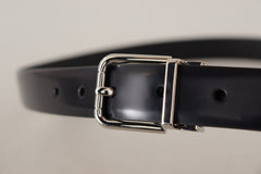 Dolce & Gabbana Black Calf Leather Silver Metal Logo Buckle Belt
