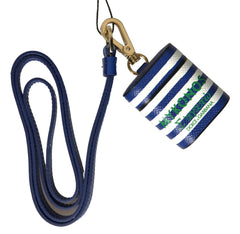 Dolce & Gabbana Blue Stripe Dauphine Leather Logo Print Strap Airpod Case