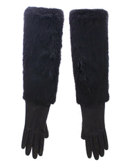 Dolce & Gabbana Black Beaver Fur Lambskin Leather Elbow Gloves