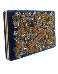 Dolce & Gabbana Blue Velvet Gold Frame Clutch Evening Party Purse Bag