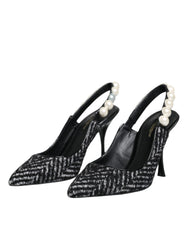Dolce & Gabbana White Black Chevron Faux Pearl Slingback Shoes