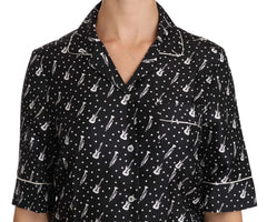 Dolce & Gabbana Black GuitarTrumpet Print Silk Shirt Top