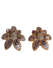Dolce & Gabbana Gold Brass Purple Flower-Shaped Crystals Clip On Earrings