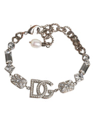 Dolce & Gabbana Silver Brass Crystal DG Logo Charm Embellished Bracelet