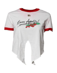 Dolce & Gabbana White Printed Round Neck Cropped Top T-shirt