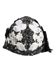 Dolce & Gabbana Black Wool White Floral Embellished Cloche Hat
