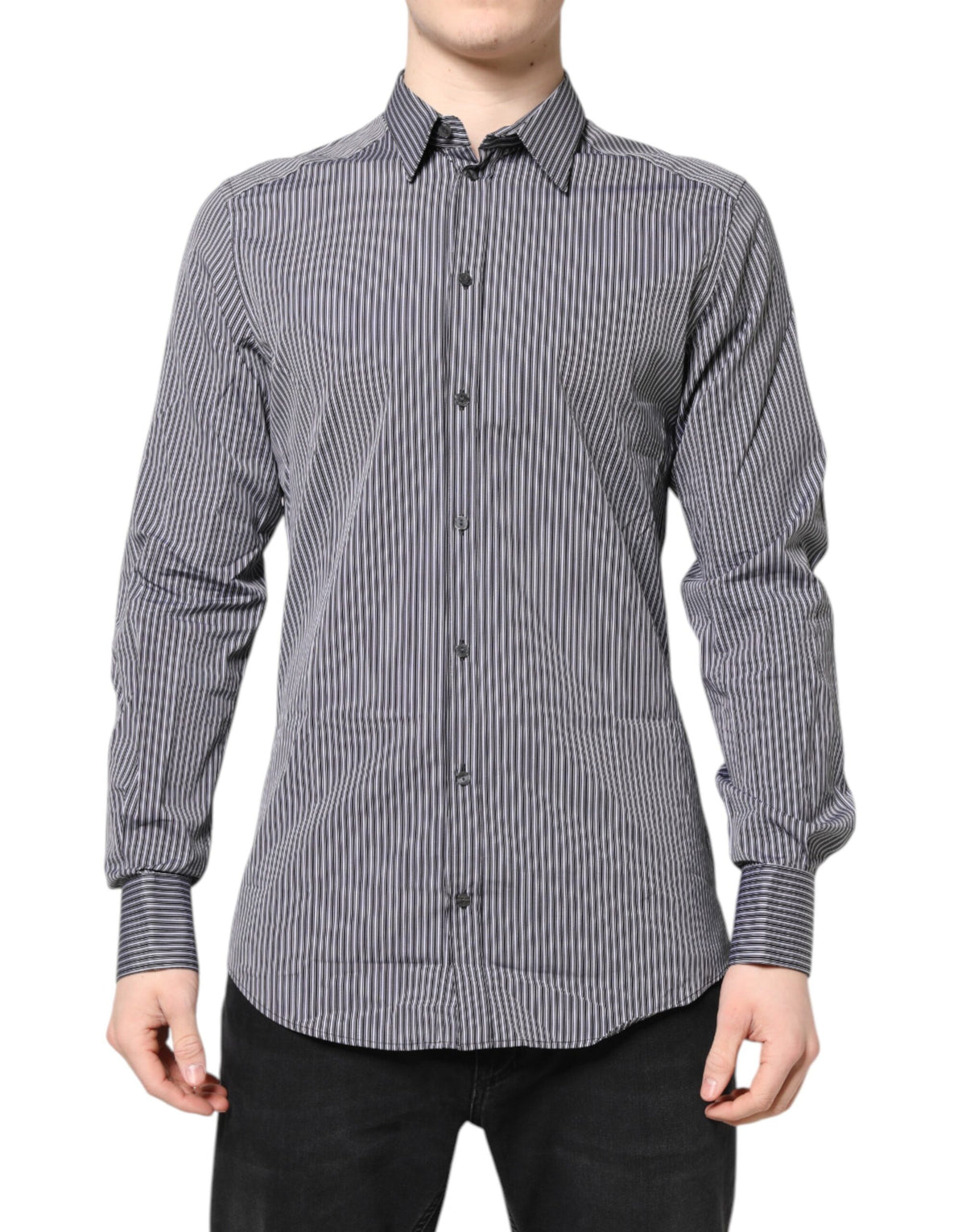 Dolce & Gabbana Black White Striped GOLD Formal Dress Shirt