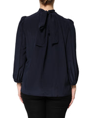 Dolce & Gabbana Blue Silk Mock Neck Long Sleeves Blouse Top