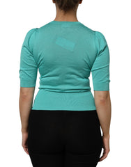 Dolce & Gabbana Aqua Blue Silk Short Sleeves Square Neck Top