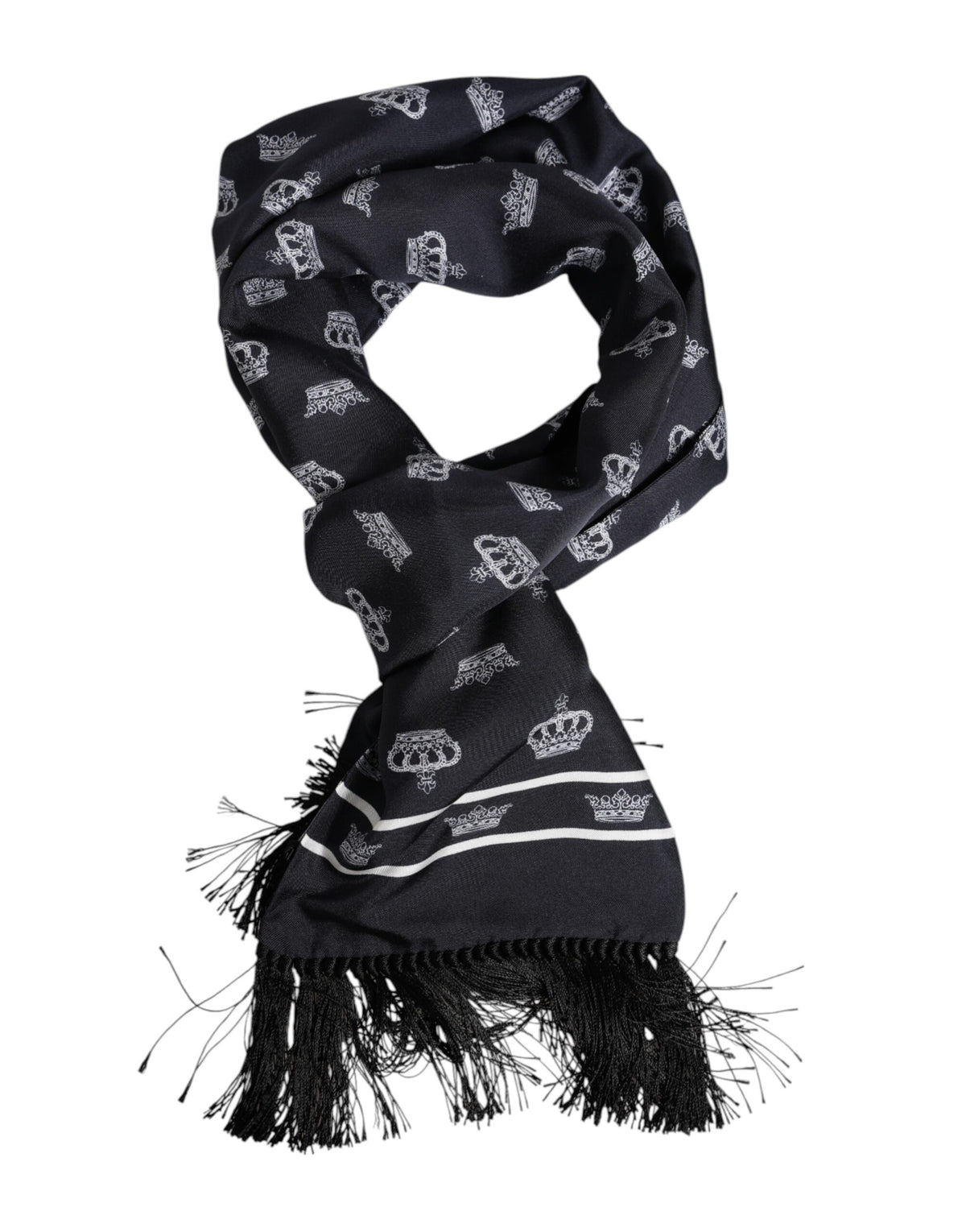 Dolce & Gabbana Black Silk Crown Fringes Men Foulard Scarf