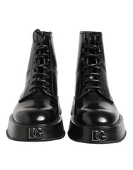 Dolce & Gabbana Black Leather Logo Ankle Boots Lace Up Shoes