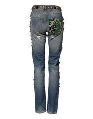 Dolce & Gabbana Blue Embellished Tattered SkinnyDenim Jeans