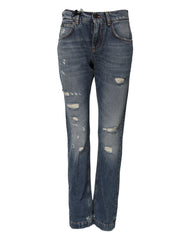Dolce & Gabbana Blue Cotton Tattered Mid Waist Denim Jeans
