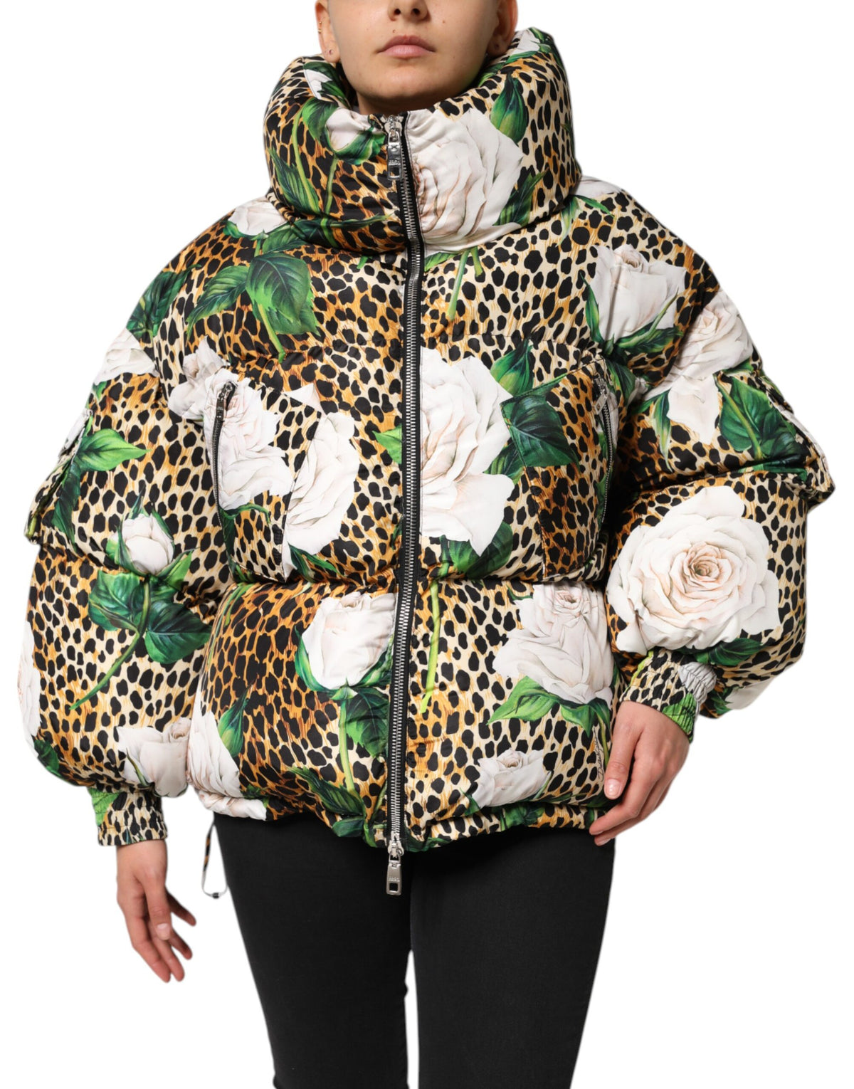 Dolce & Gabbana Multicolor Leopard Rose Puffer Quilted Jacket