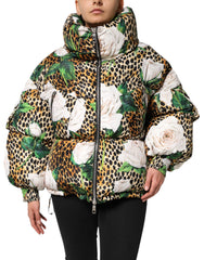 Dolce & Gabbana Multicolor Leopard Rose Puffer Quilted Jacket