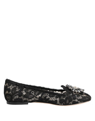 Dolce & Gabbana Black Taormina Lace Crystals Flats Shoes