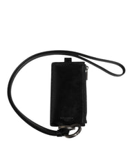 Dolce & Gabbana Black Leather Logo Embossed Lanyard Card Holder Wallet