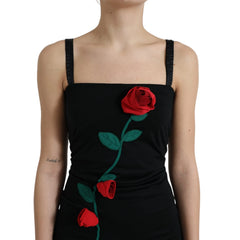Dolce & Gabbana Black Wool Sleeveless Rose Applique Dress