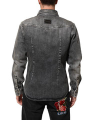 Dolce & Gabbana Black Washed Cotton Snap Long Sleeve Casual Shirt