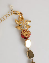 Dolce & Gabbana Red Rose Green Crystal Gold-Tone Chain Necklace
