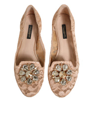 Dolce & Gabbana Beige Taormina Lace Crystals Flats Shoes