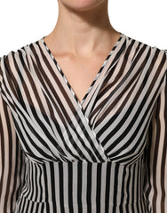 Dolce & Gabbana Black White Stripes Silk V-neck Midi Dress