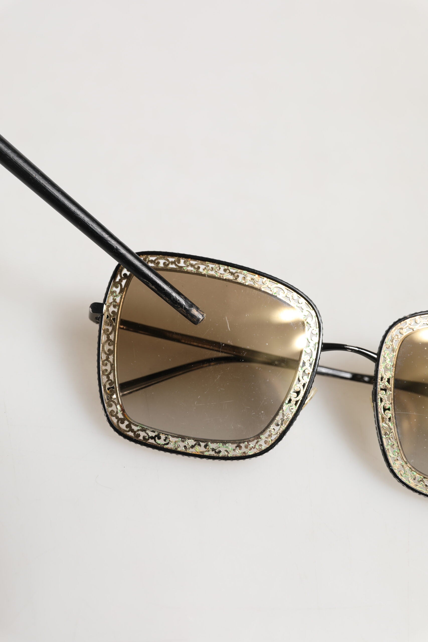 Dolce & Gabbana DG2225 Black Gold Lace Frame Brown Gradient Sunglasses