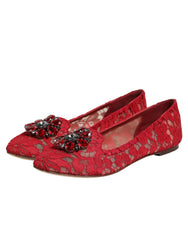 Dolce & Gabbana Red Lace Crystal Ballet Flats Loafers Shoes