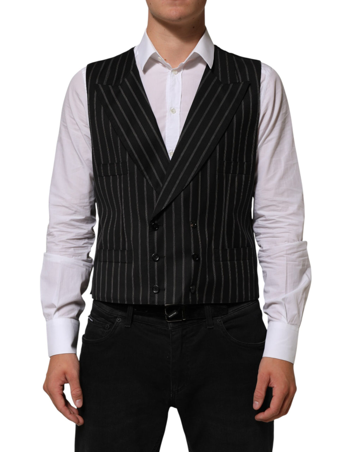Dolce & Gabbana Black Stripes Wool Dress Men Waistcoat Vest