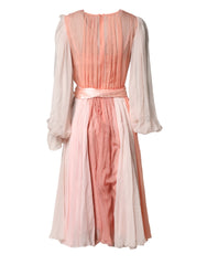 Dolce & Gabbana Pink Silk Tulle Long Sleeve V-neck Dress