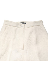 Dolce & Gabbana White Cotton Floral Brocade Dress Pants