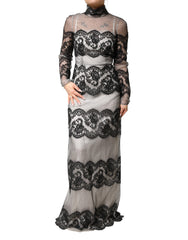 Dolce & Gabbana Black White Lace Silk Blend MaxiSheath Dress