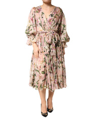 Dolce & Gabbana Pink Lily Print A-line Pleated Maxi Dress