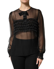 Dolce & Gabbana Black Silk Sheer Ruffle Tie-Neck Blouse Top