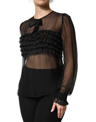 Dolce & Gabbana Black Silk Sheer Ruffle Tie-Neck Blouse Top