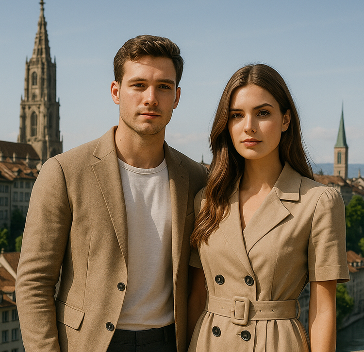 Man and woman standing together with a scenic cityscape in the background