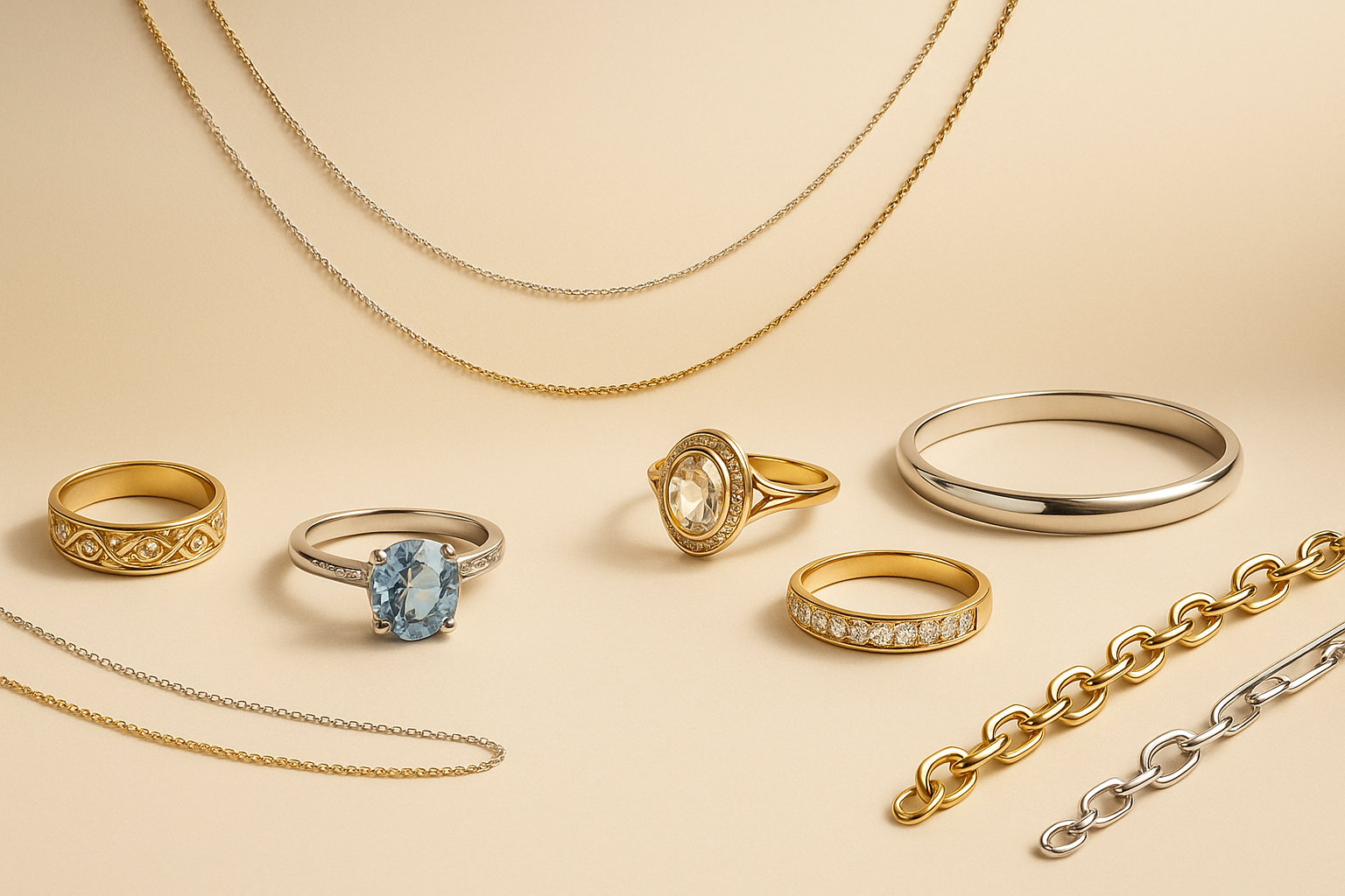 Luxury jewelry collection banner, elegant composition featuring gold and silver jewelry pieces (rings, necklaces, bracelets) displayed on a soft beige and cream background with subtle shadows, high-end product photography style, minimalistic and sophisticated, soft natural lighting, ultra-realistic, premium aesthetic.